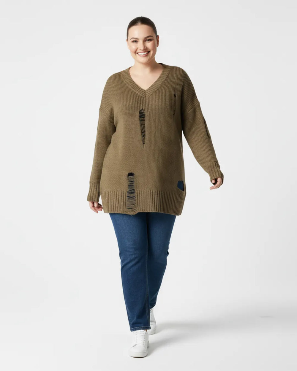 Hanezza Plus Size Distressed Detail Knit Sweater - Cotton - Image 7
