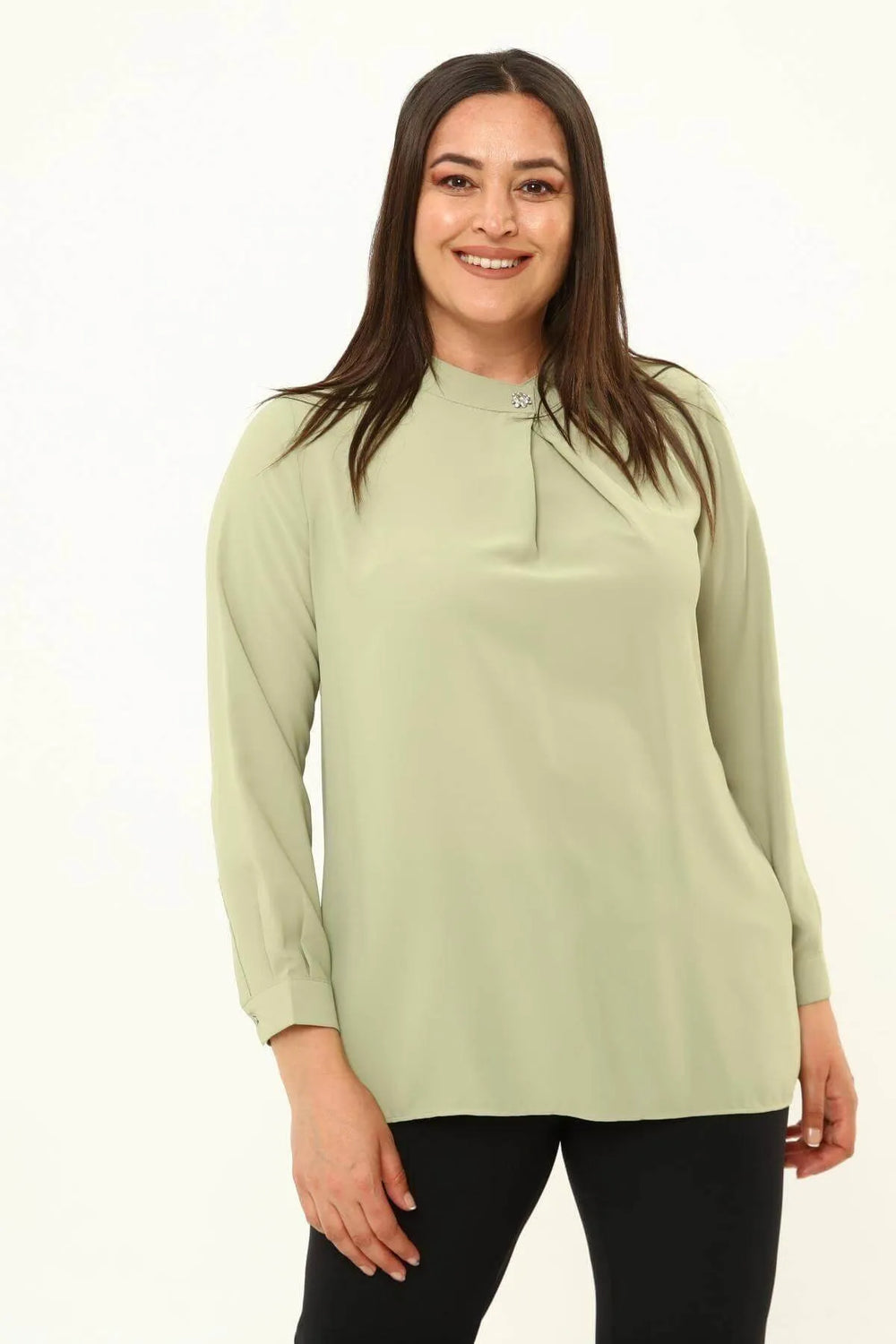 Hanezza Floral Patterned Crepe Blouse - Brooch Neck Cotton Viscose - Image 1