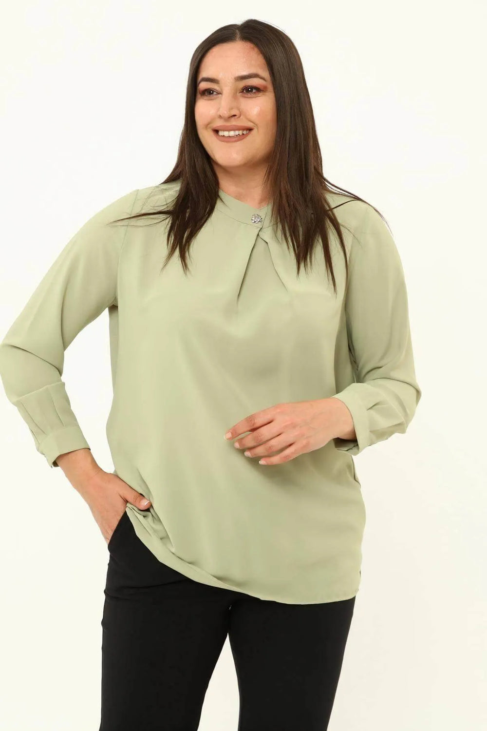 Hanezza Floral Patterned Crepe Blouse - Brooch Neck Cotton Viscose - Image 2