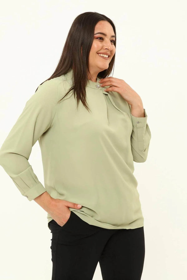 Hanezza Floral Patterned Crepe Blouse - Brooch Neck Cotton Viscose