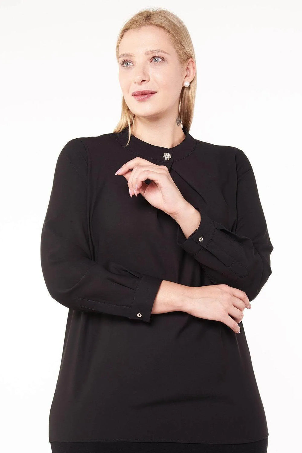 Hanezza Floral Patterned Crepe Blouse - Brooch Neck Cotton Viscose - Image 9