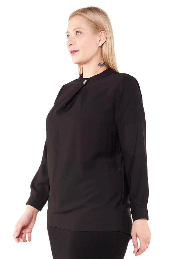 Hanezza Floral Patterned Crepe Blouse - Brooch Neck Cotton Viscose