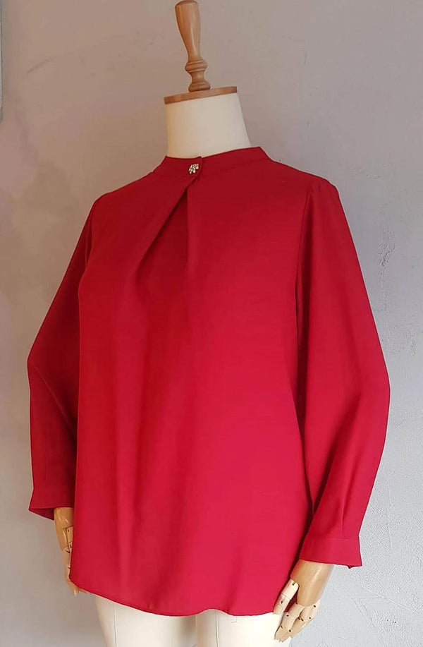 Hanezza Floral Patterned Crepe Blouse - Brooch Neck Cotton Viscose