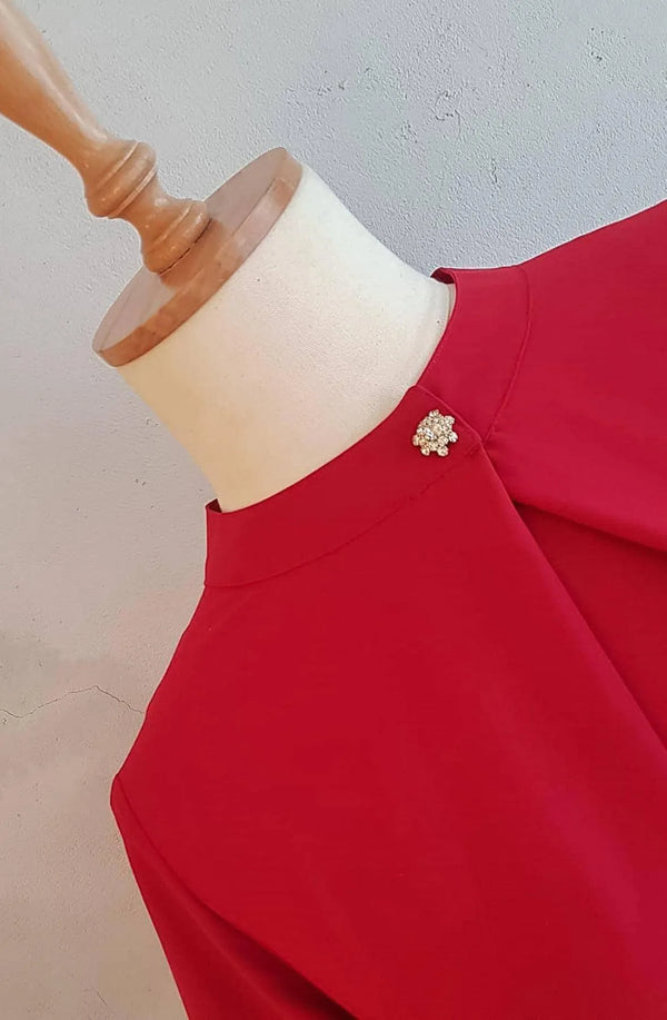 Hanezza Floral Patterned Crepe Blouse - Brooch Neck Cotton Viscose