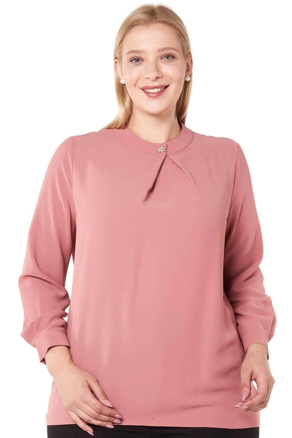 Hanezza Floral Patterned Crepe Blouse - Brooch Neck Cotton Viscose