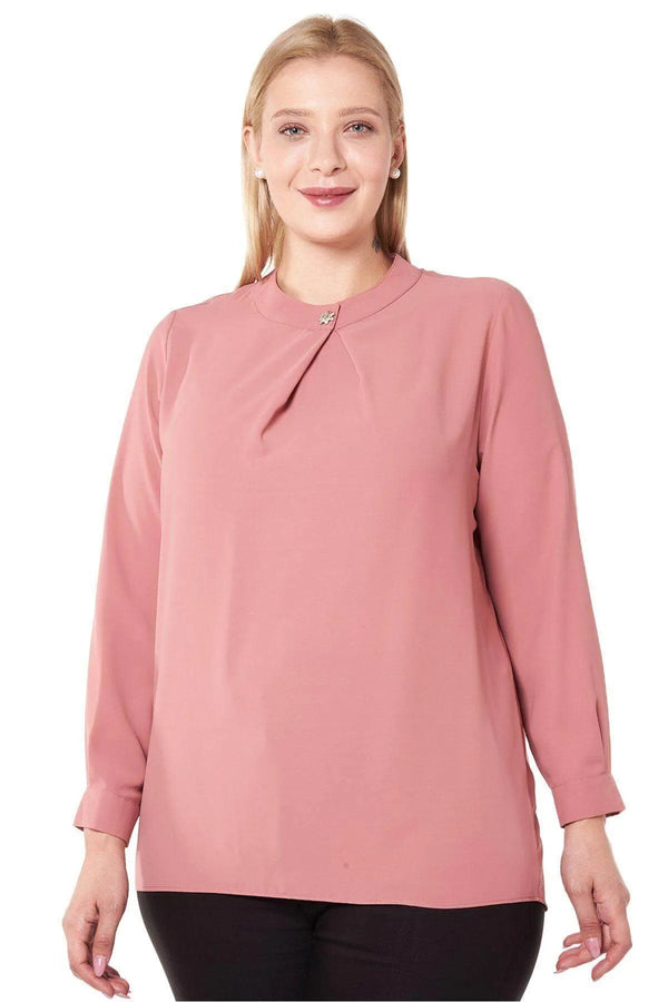 Hanezza Floral Patterned Crepe Blouse - Brooch Neck Cotton Viscose