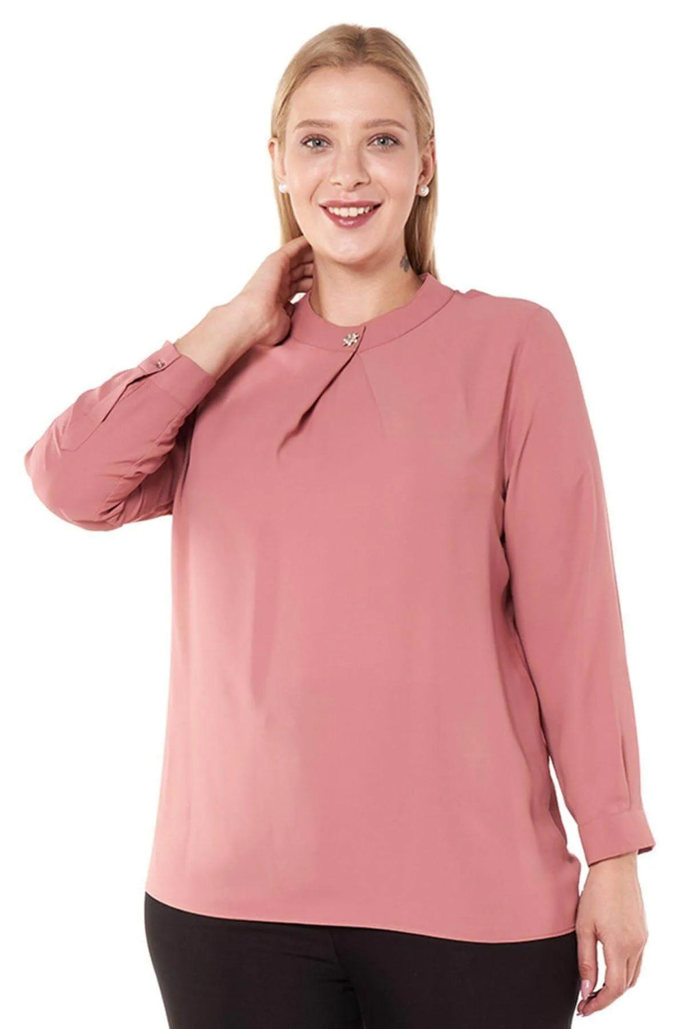 Hanezza Floral Patterned Crepe Blouse - Brooch Neck Cotton Viscose - Image 22