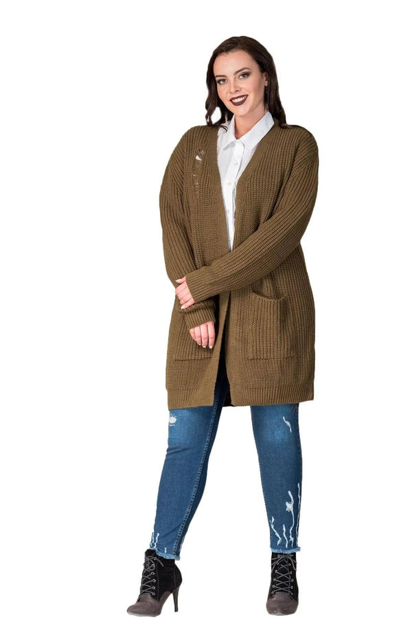 Hanezza Çiçek Desenli Yırtıklı Triko Hırka - Büyük Beden