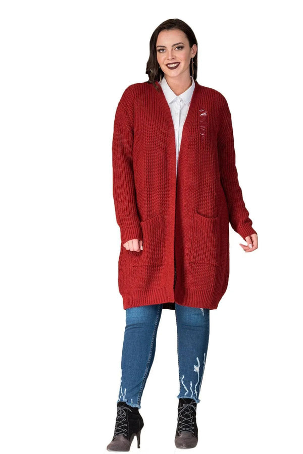 Hanezza Çiçek Desenli Yırtıklı Triko Hırka - Büyük Beden