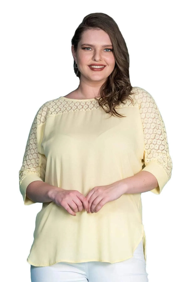 Hanezza Lace Detailed Crepe Blouse - Floral Patterned Cotton Viscose Summer Top