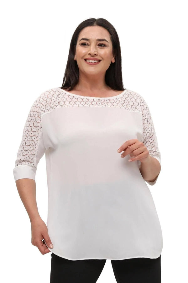 Hanezza Lace Detailed Crepe Blouse - Floral Patterned Cotton Viscose Summer Top