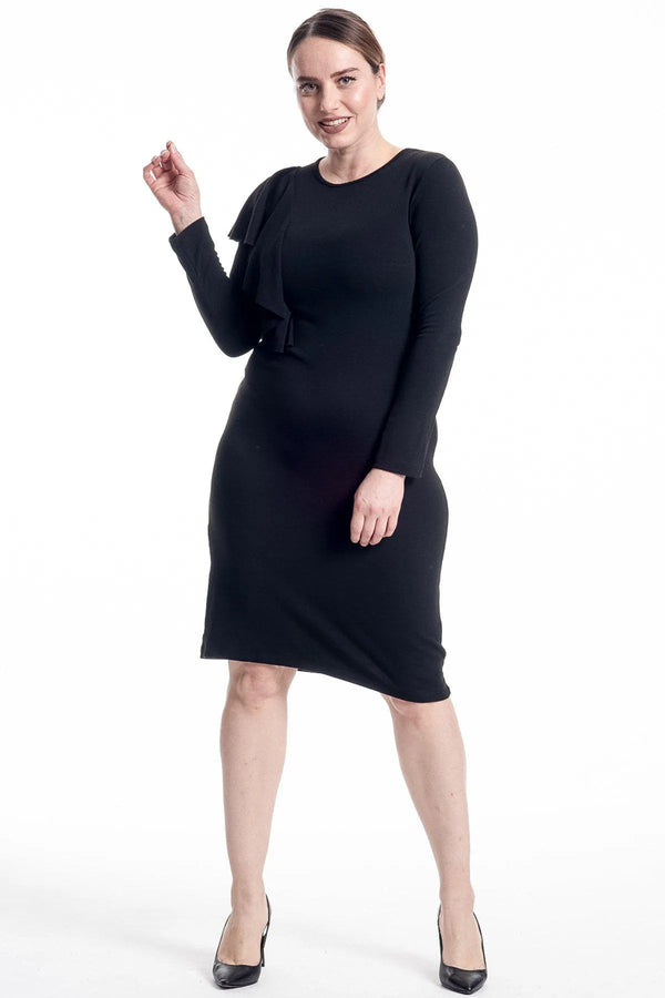 Büyük Beden Kadın Hanezza Fırfır Detaylı Triko Elbise - Büyük Beden Pamuk Viskon Ticari Ürün Siyah Triko
