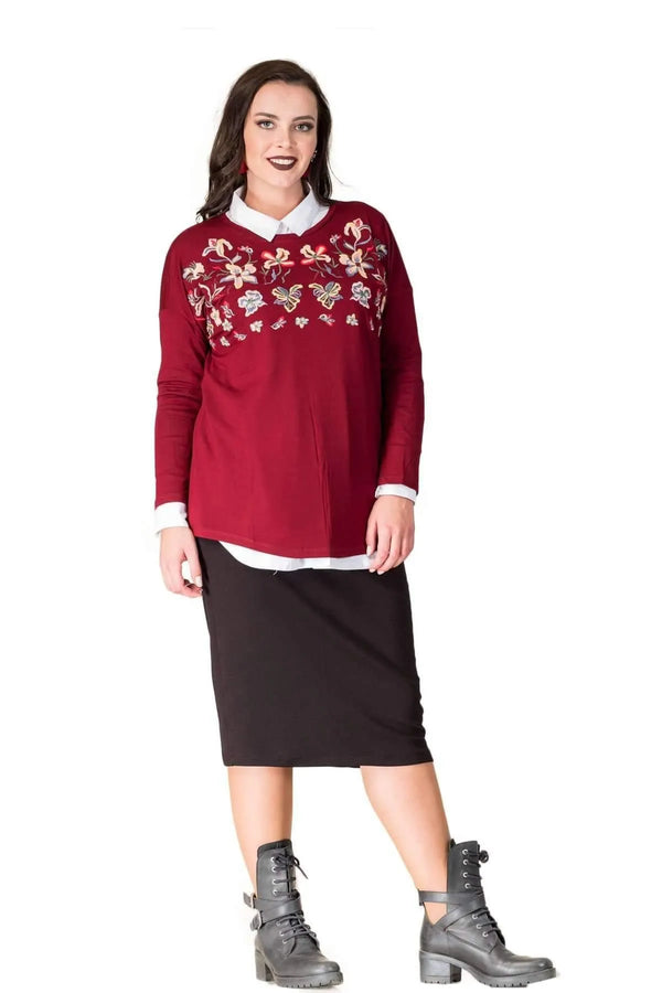 Hanezza Fine Knit Blouse - Floral Patterned Plus Size Cotton Viscose