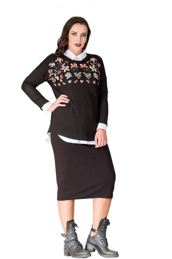 Hanezza Fine Knit Blouse - Floral Patterned Plus Size Cotton Viscose