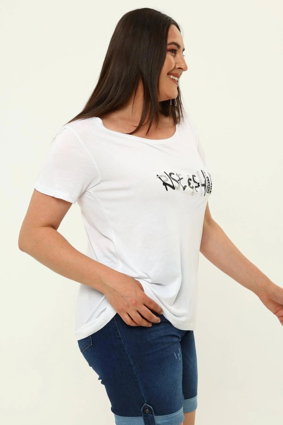 Hanezza T-Shirt mit floraler Stickerei – 100 % Baumwolle und Viskose