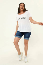 Büyük Beden Kadın Hanezza Baskılı T-Shirt - %100 Pamuklu Viskon Ticari Ürün Beyaz Yazılı