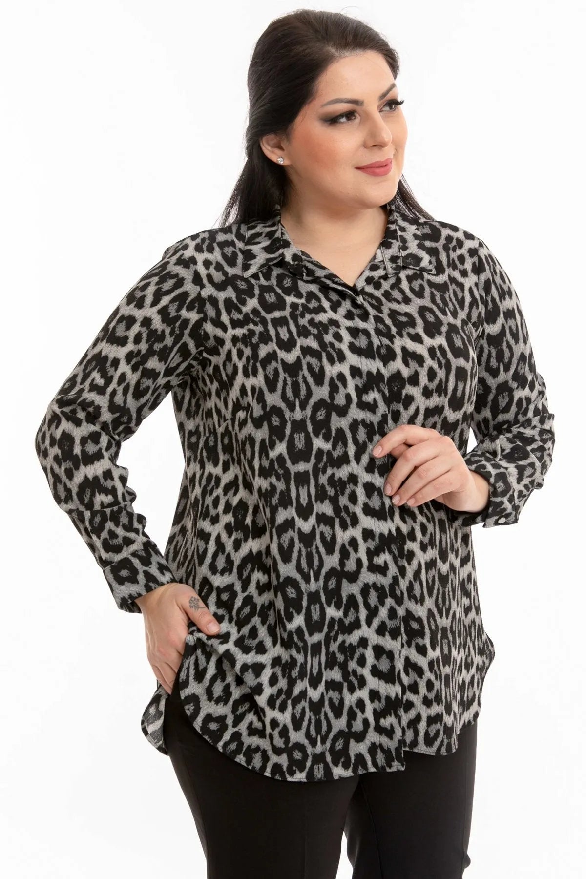 Hanezza Leopardenmuster Plus Size Bluse - Baumwoll-Viscose