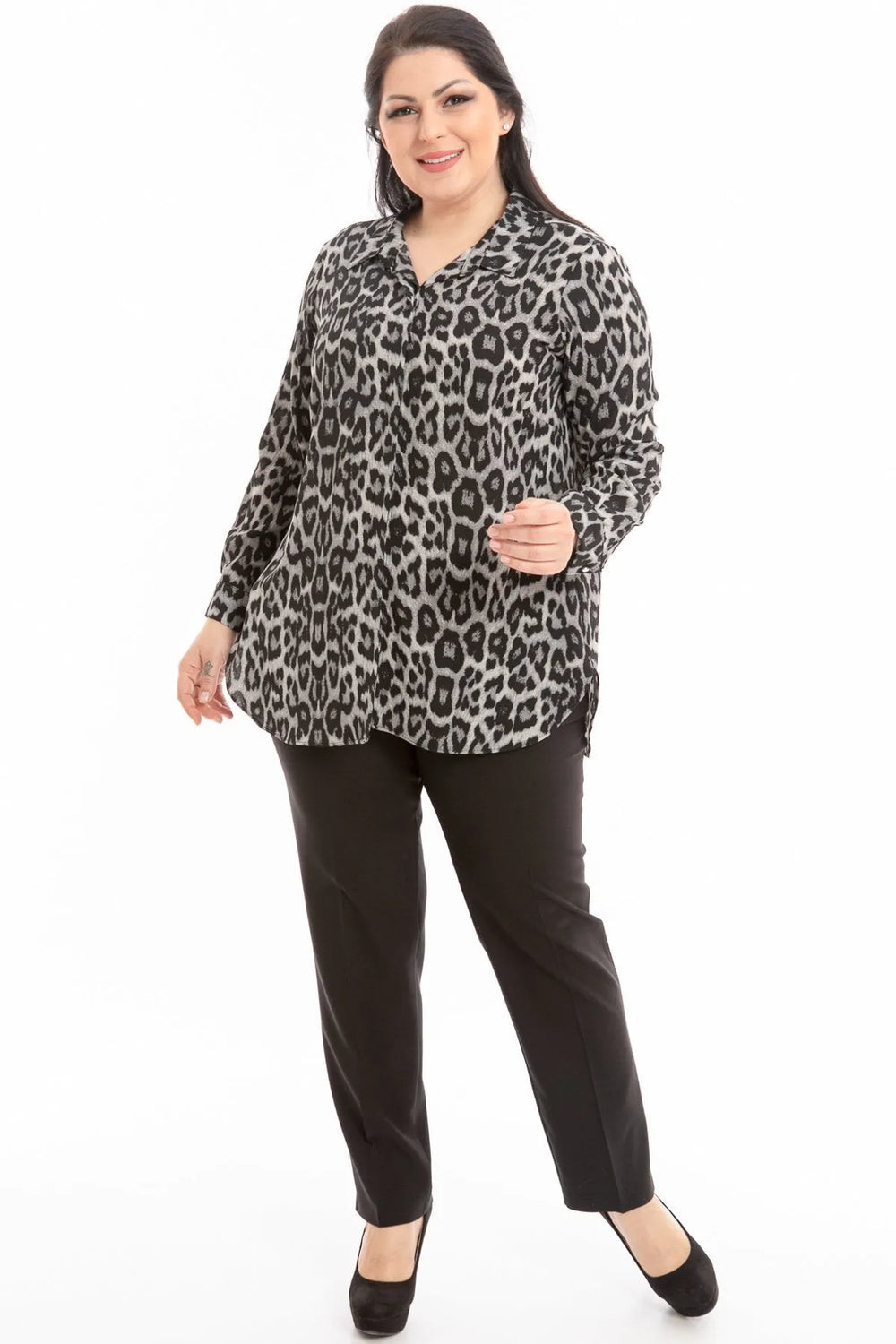 Hanezza Leopar Desenli Büyük Beden Gömlek - Pamuklu Viskon - Image 3