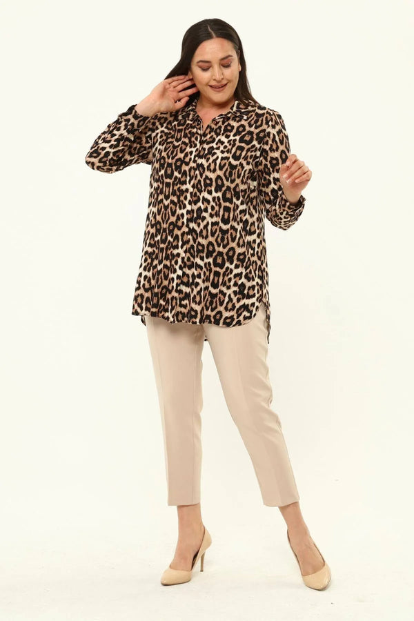 Hanezza Leopar Desenli Büyük Beden Gömlek - Pamuklu Viskon