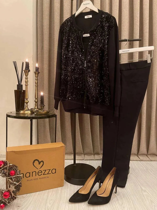 Büyük Beden Kadın Hanezza Pul Payet İşlemeli Büyük Beden Bamber Ceket - Özel Gün Büyük Beden Ceket Siyah Payetli
