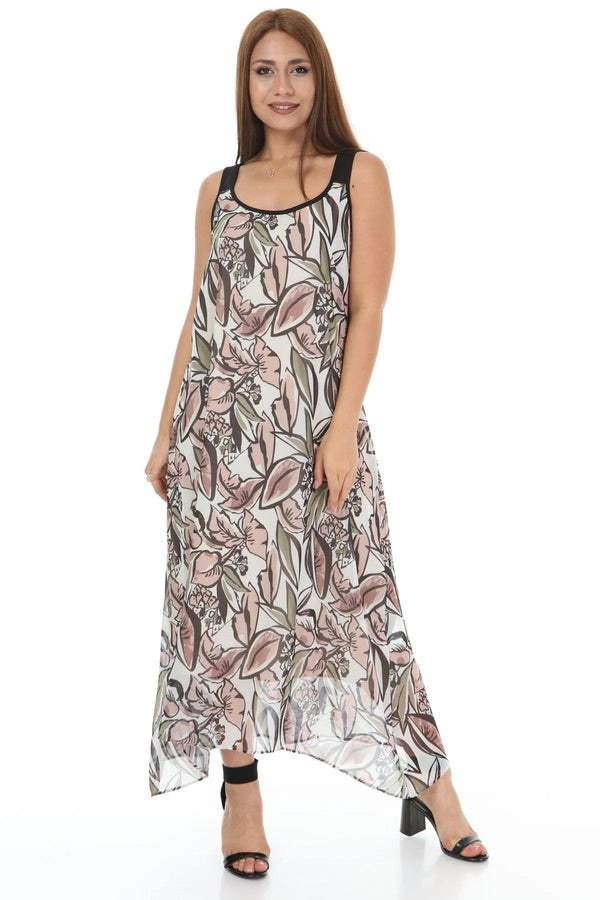 Büyük Beden Kadın Hanezza Şifon Elbise Asimetrik Kesim Çiçek Desenli Pamuklu Viskon Ticari Ürün Pembe-Yeşil Çiçek Desenli