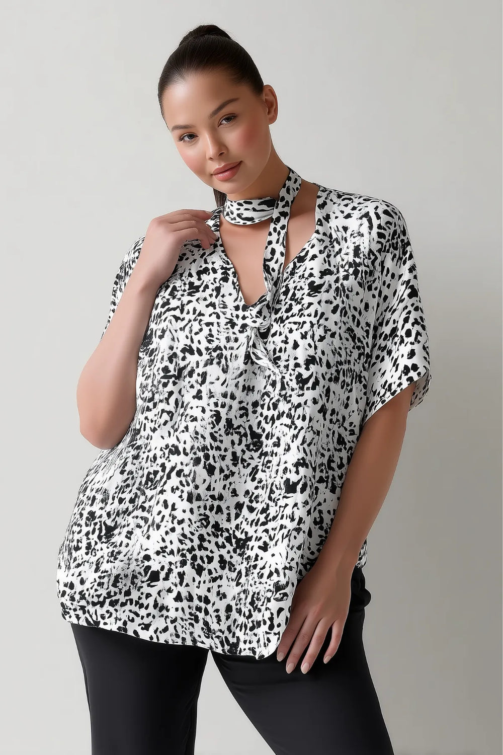 Hanezza Plus Size Viscose Blouse with Tie Neck and Batwing Sleeves - Image 6