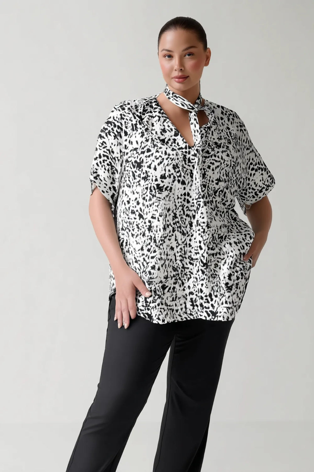 Hanezza Plus Size Viscose Blouse with Tie Neck and Batwing Sleeves - Image 5