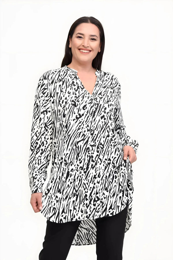 Büyük Beden Kadın Hanezza Viskon Hakim Yaka Zebra Desen Tunik - Büyük Beden Ticari Ürün [Beyaz] [Zebra Desenli]