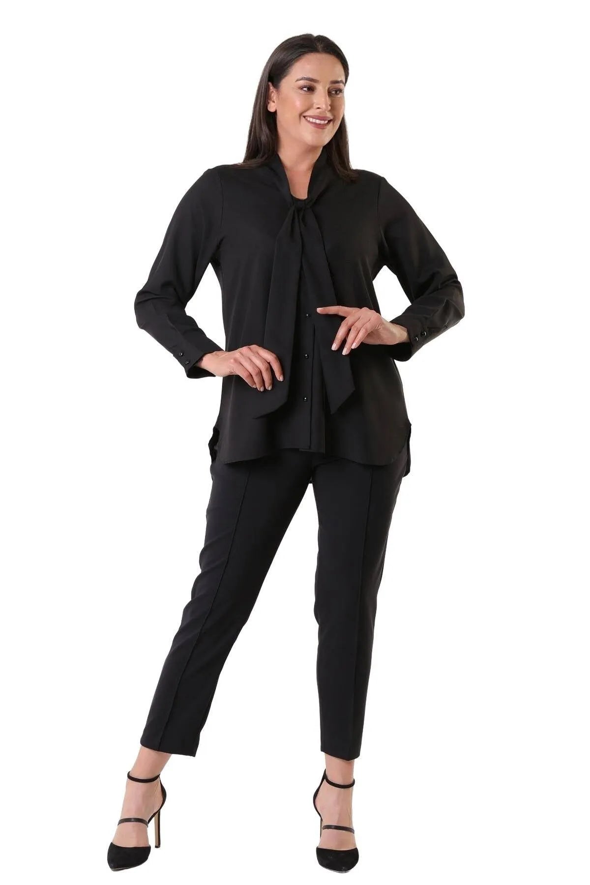 Jesica Chiffonbluse Große Größen mit Schleifenkragen und langen Ärmeln