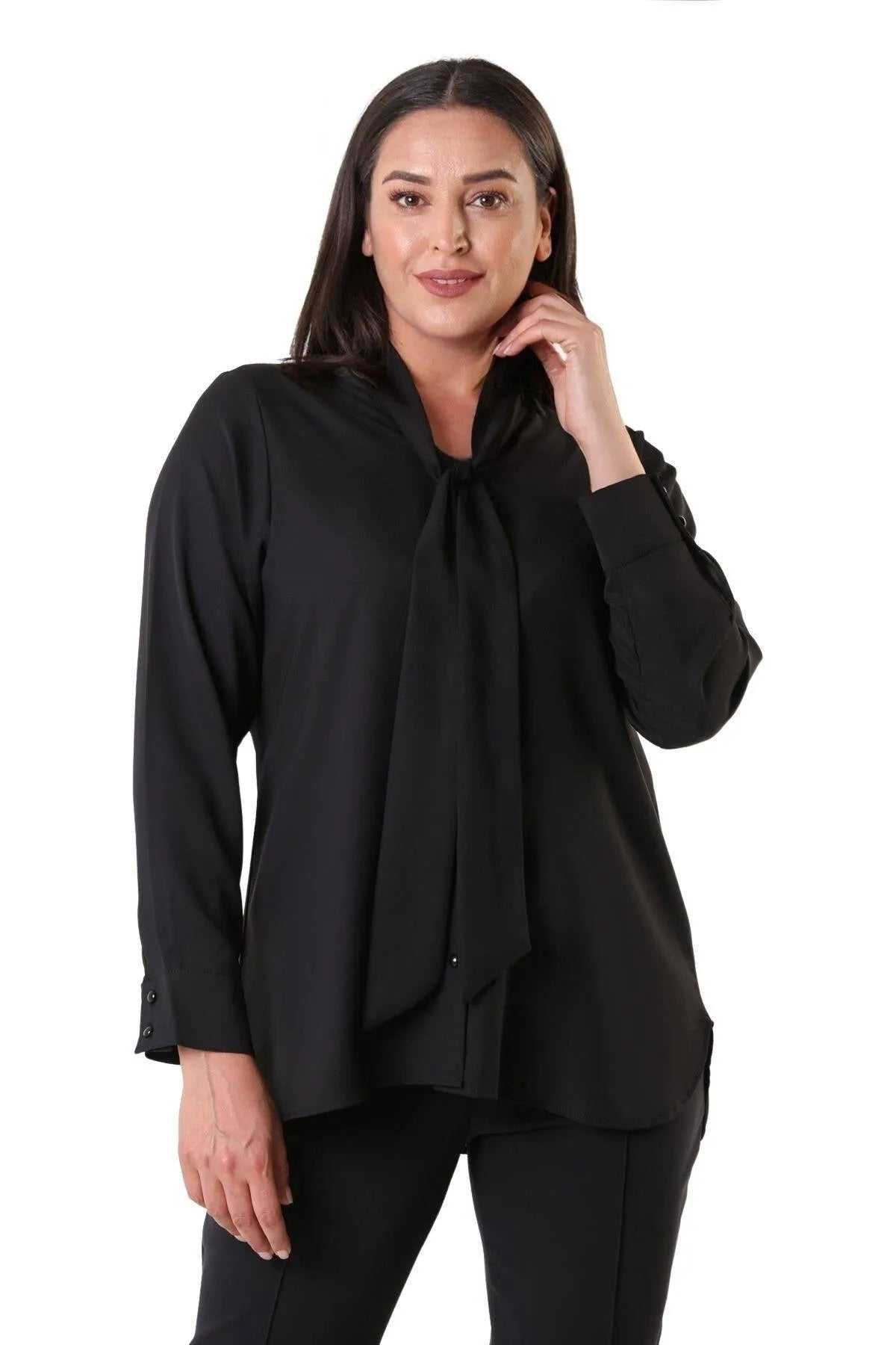 Jesica Chiffonbluse Große Größen mit Schleifenkragen und langen Ärmeln