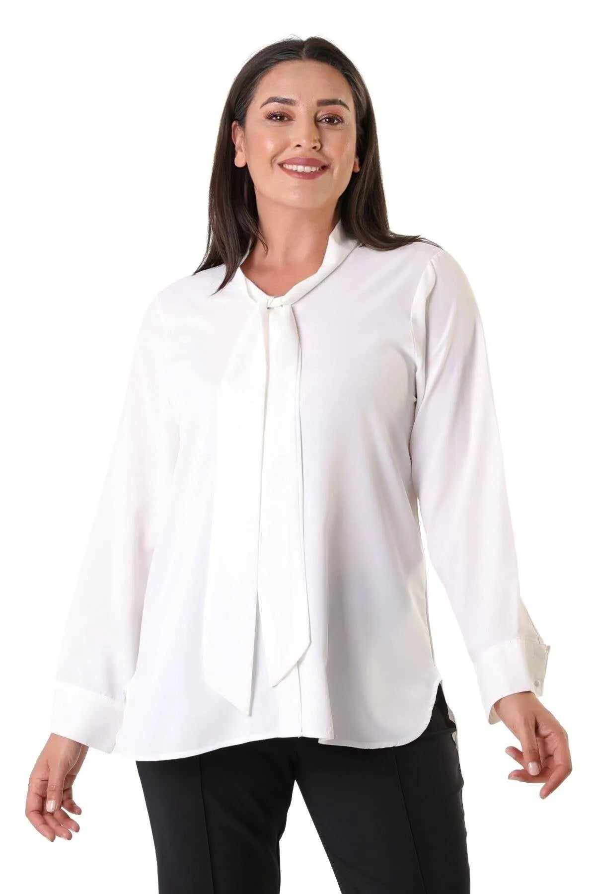 Jesica Chiffonbluse Große Größen mit Schleifenkragen und langen Ärmeln