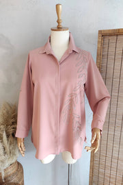 Büyük Beden Kadın Jessica El İşlemeli Abiye Gömlek Büyük Beden - Polyester Kumaş Büyük Beden Gömlek Pembe El İşlemeli