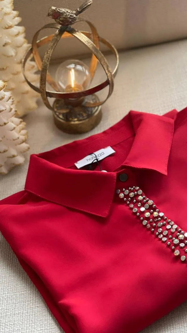 "Handmade" Camicia Elegante da Sera in Crêpe Ricamata a Mano Jessica - Eleganza Taglie Forti