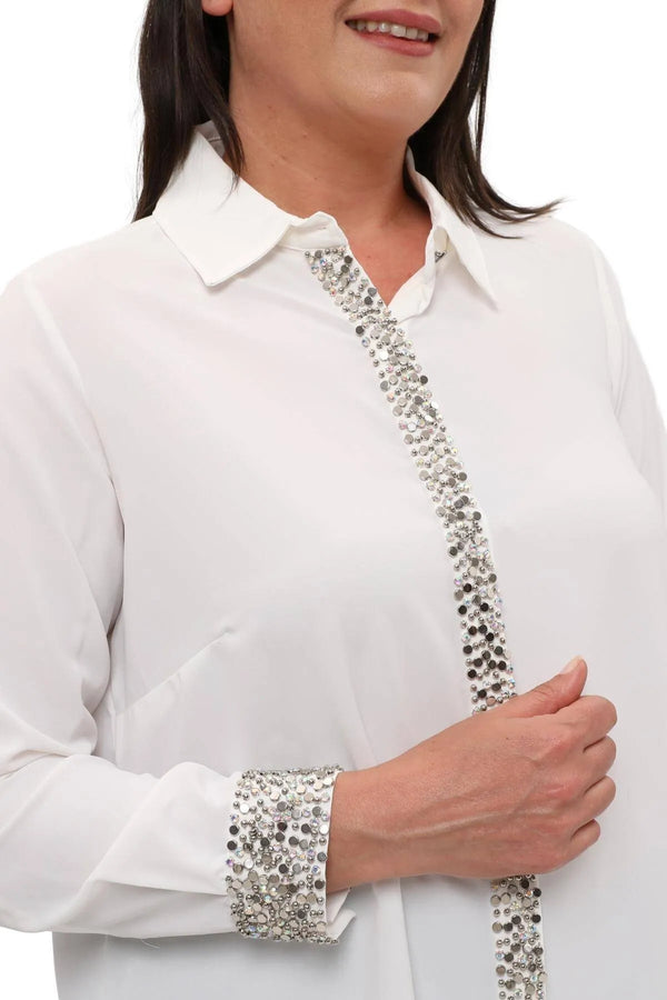 "Handmade" Camicia Elegante da Sera in Crêpe Ricamata a Mano Jessica - Eleganza Taglie Forti