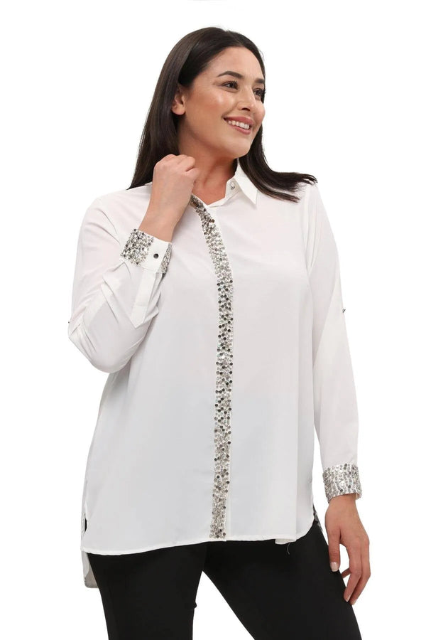 "Handmade" Camicia Elegante da Sera in Crêpe Ricamata a Mano Jessica - Eleganza Taglie Forti