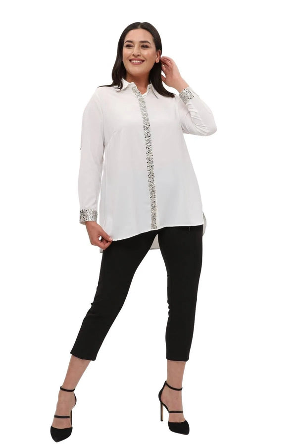 "Handmade" Camicia Elegante da Sera in Crêpe Ricamata a Mano Jessica - Eleganza Taglie Forti