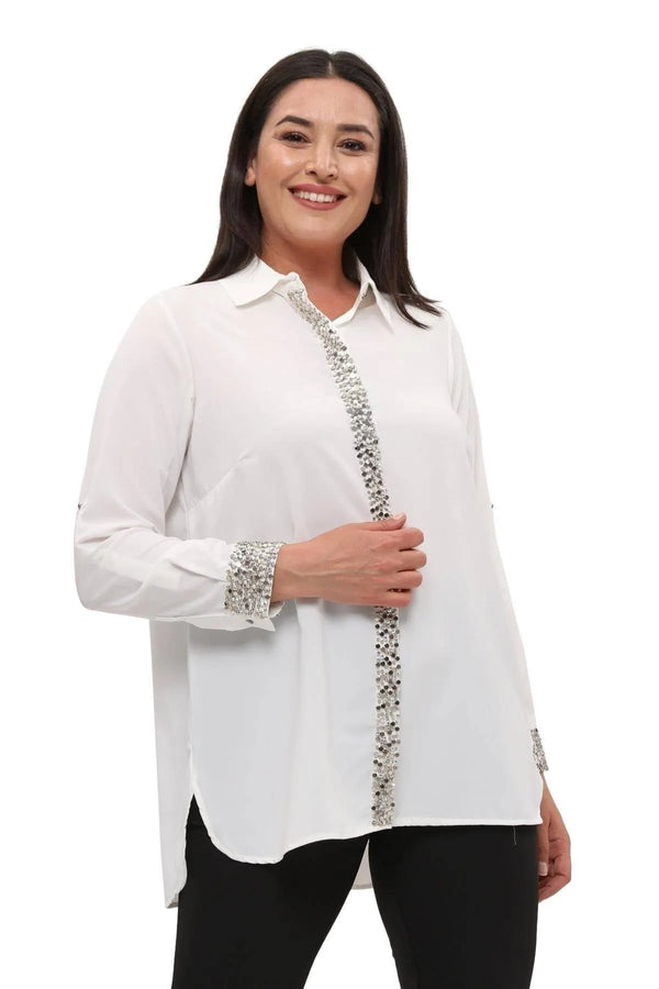 "Handmade" Camicia Elegante da Sera in Crêpe Ricamata a Mano Jessica - Eleganza Taglie Forti