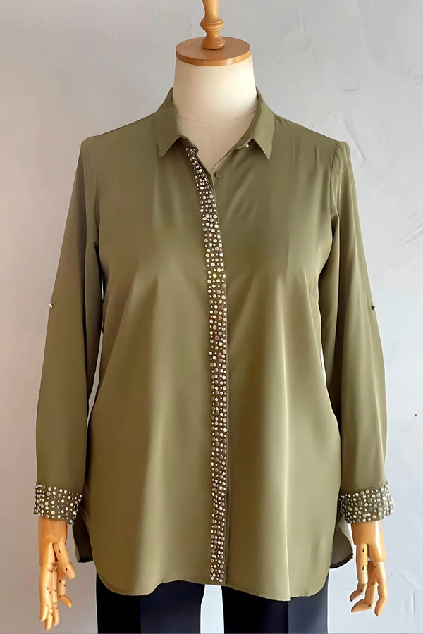 "Handmade" Camicia Elegante da Sera in Crêpe Ricamata a Mano Jessica - Eleganza Taglie Forti