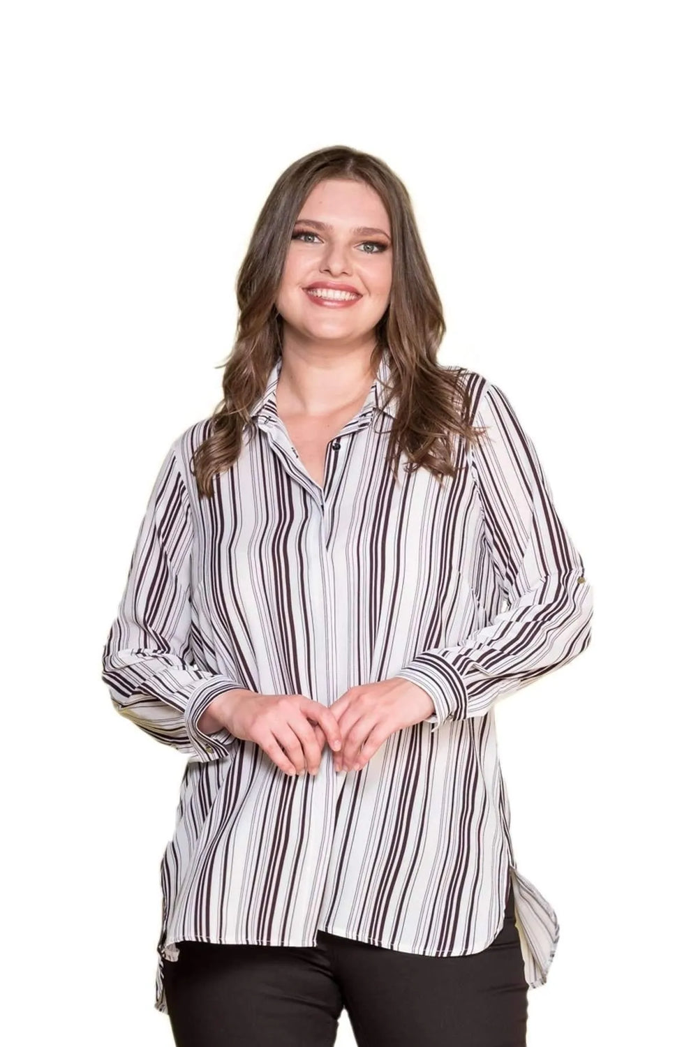 Hanezza Women's White Striped Crepe Tunic Shirt P9619 - Image 1