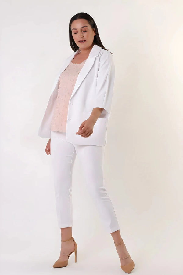 Women's Plus Size Crepe Fabric Blazer Jacket - Batwing Sleeve Double Button