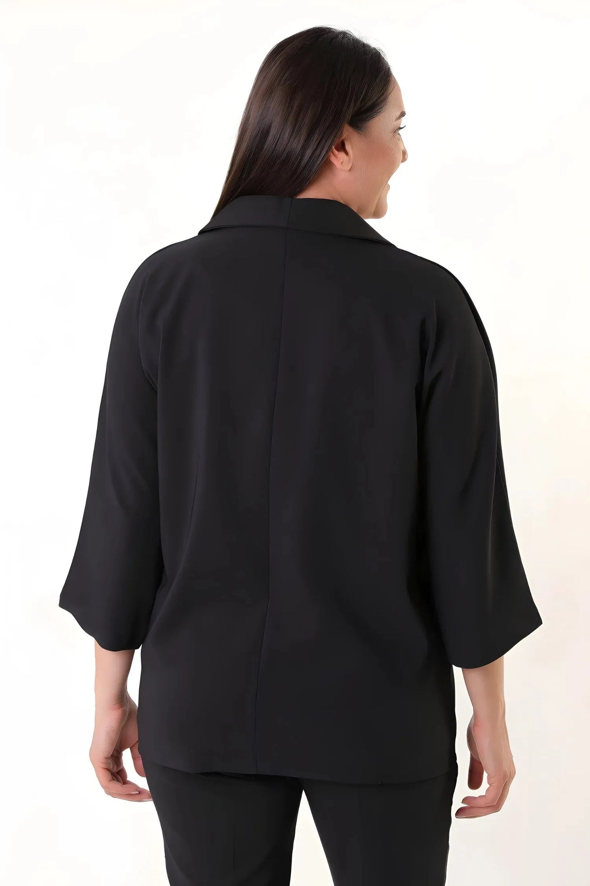 Büyük Beden Kadın Kadın Büyük Beden Krep Kumaş Blazer Ceket - Yarasa Kol Çift Düğme Büyük Beden Ceket Siyah Düz Renk