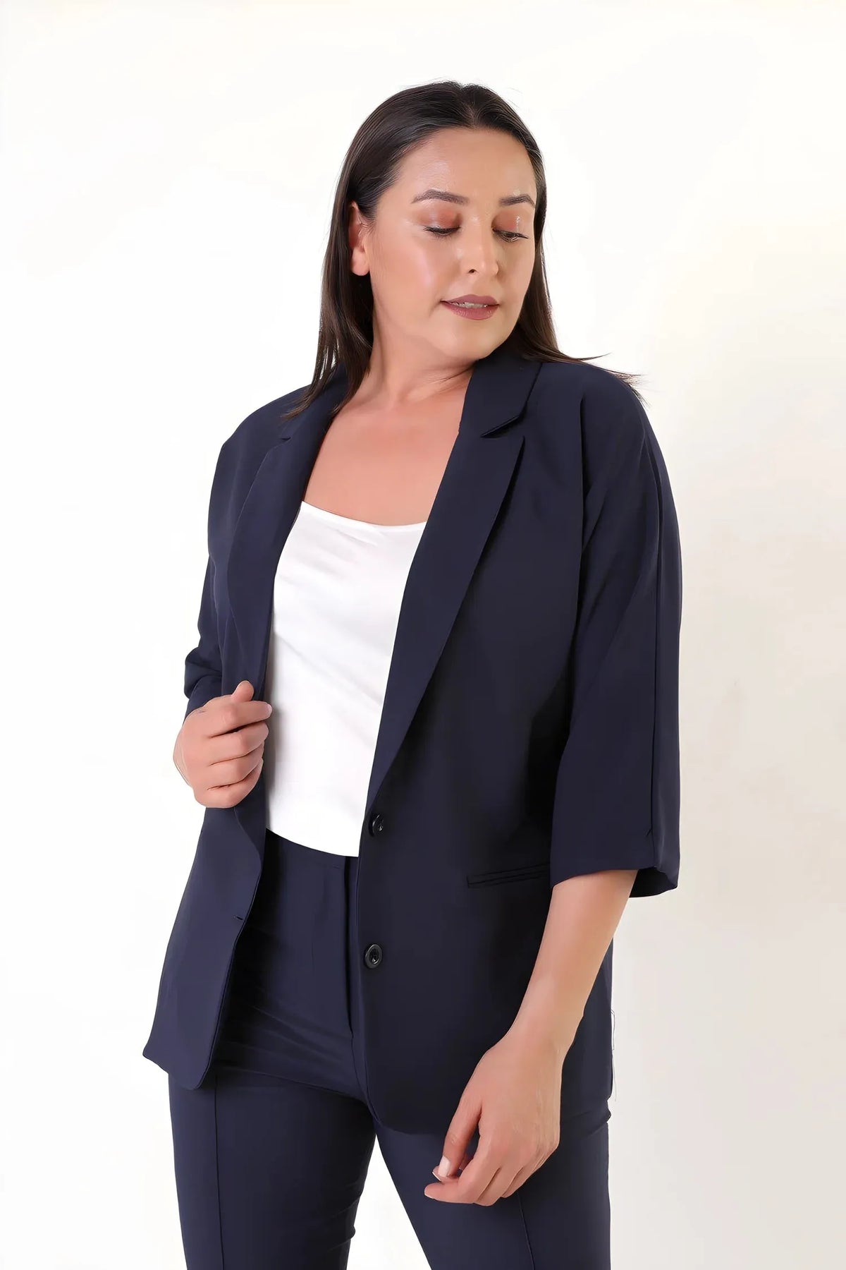 Büyük Beden Kadın Kadın Büyük Beden Krep Kumaş Blazer Ceket - Yarasa Kol Çift Düğme Büyük Beden Ceket Lacivert Krep Kumaş