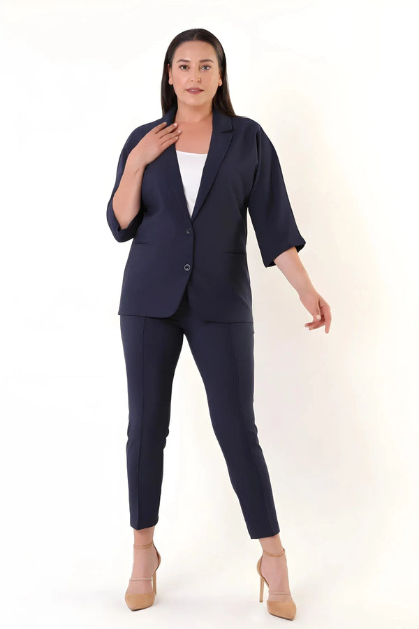 Women's Plus Size Crepe Fabric Blazer Jacket - Batwing Sleeve Double Button