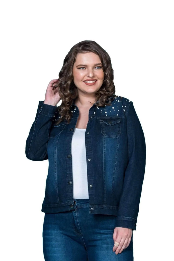 Büyük Beden Kadın Kadın Koyu Mavi İnci Detaylı Kot Ceket P5217 Büyük Beden Ceket [Koyu Mavi] [İnci Detaylı Kot]