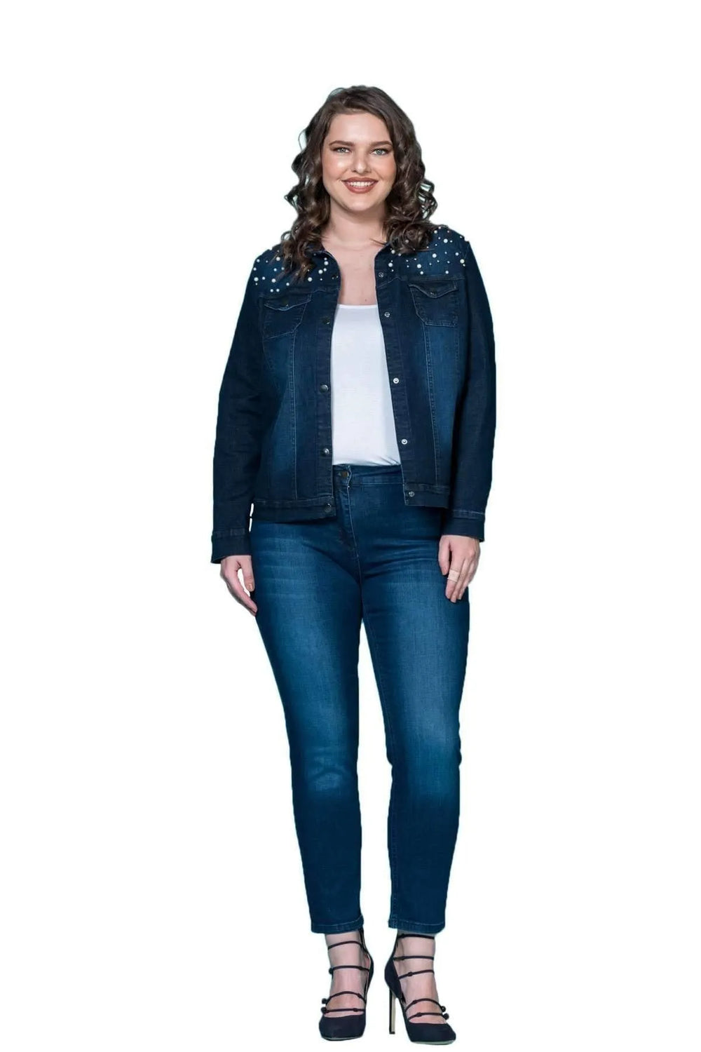 Женская темно-синяя джинсовая куртка с отделкой из жемчуга Hanezza P5217 - Image 3