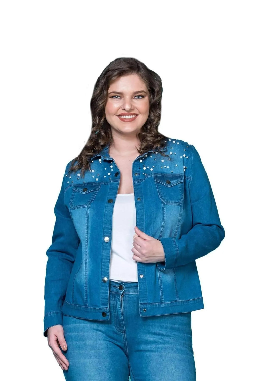 Женская темно-синяя джинсовая куртка с отделкой из жемчуга Hanezza P5217 - Image 5