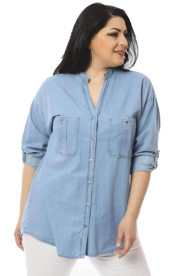 Büyük Beden Kadın Kadın Mavi Hakim Yaka Kot Gömlek P9738 Büyük Beden Gömlek Mavi Kot