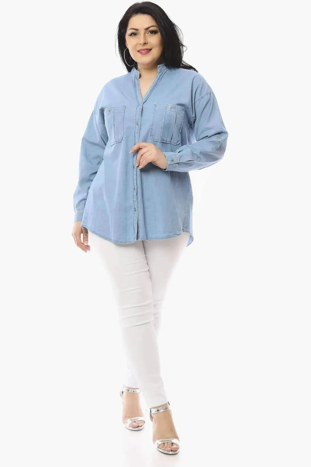 Женская синяя джинсовая рубашка с воротником-стойкой P9738 - Image 3