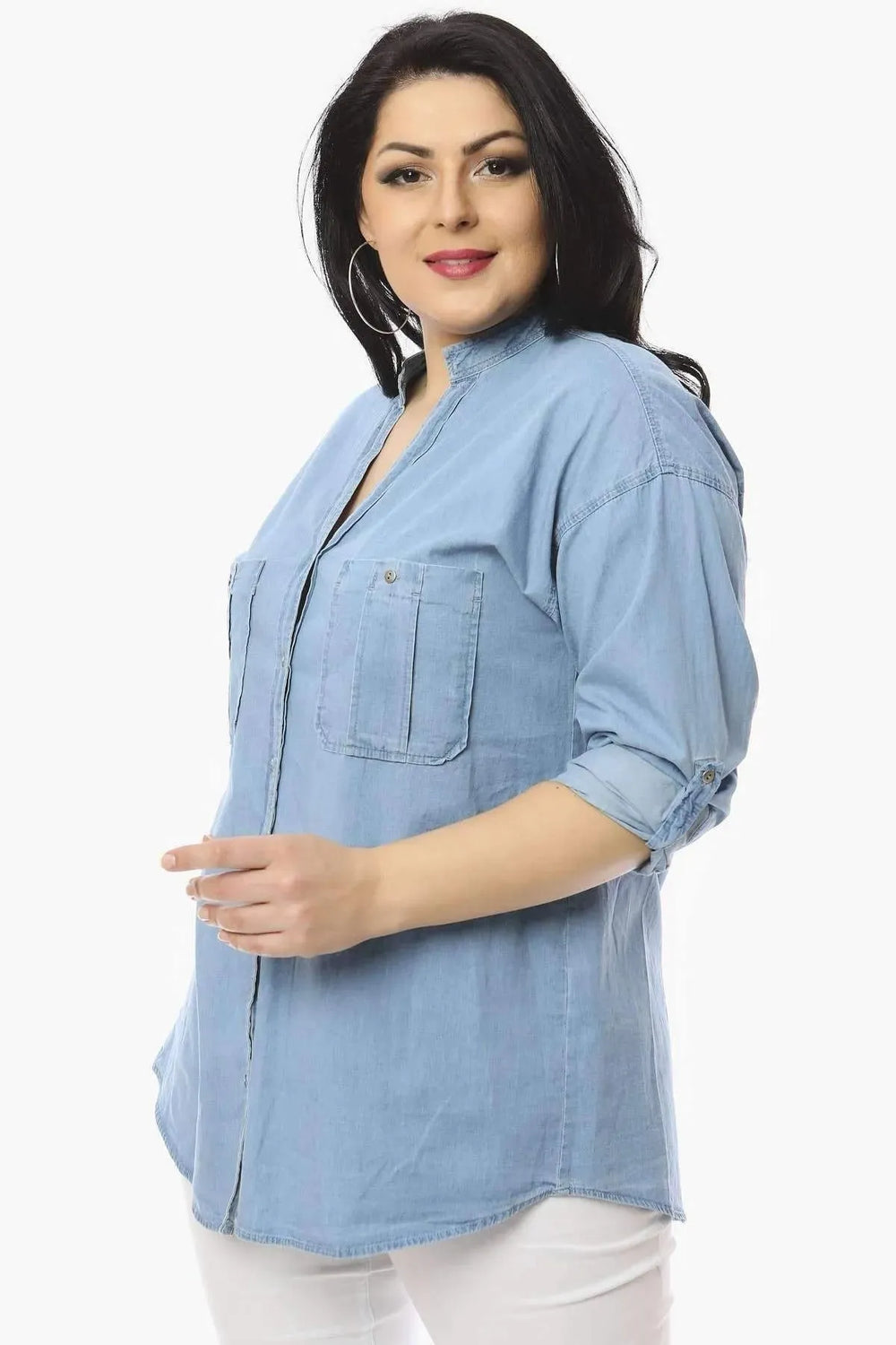 Женская синяя джинсовая рубашка с воротником-стойкой P9738 - Image 4