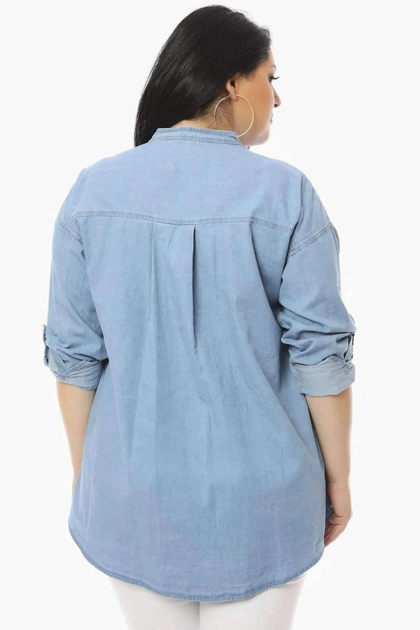 Женская синяя джинсовая рубашка с воротником-стойкой P9738